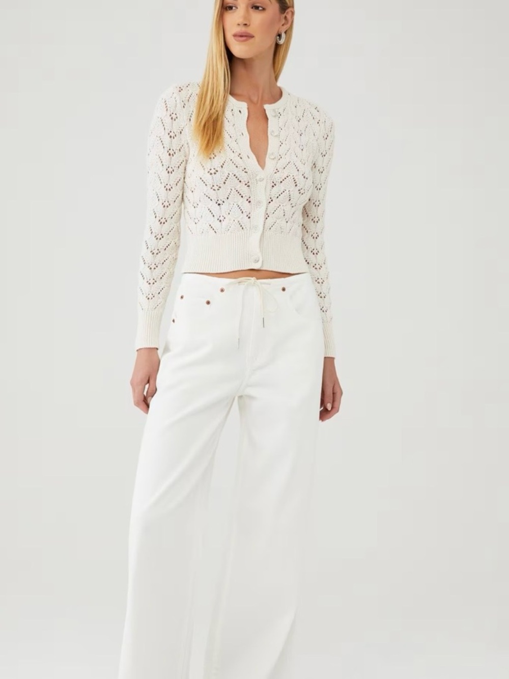 Free People Cream Open-Knit Cropped Button Cardigan - Picture 5 of 9